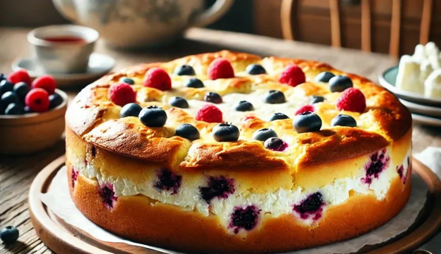 Este pastel de kéfir con requesón y fruta tienes que probarlo